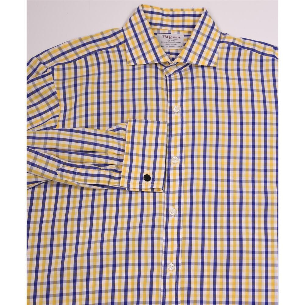 TM Lewin Blue/Yellow/White Check Cotton French Cuff Dress Shirt (39) 15.5-34/35